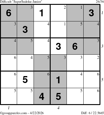 The grouppuzzles.com Difficult SuperSudoku-Junior puzzle for Wednesday April 22, 2026 with all 6 steps marked