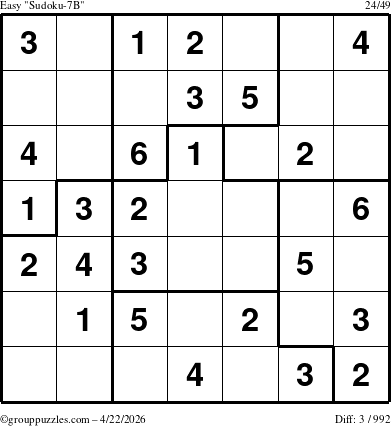 The grouppuzzles.com Easy Sudoku-7B puzzle for Wednesday April 22, 2026