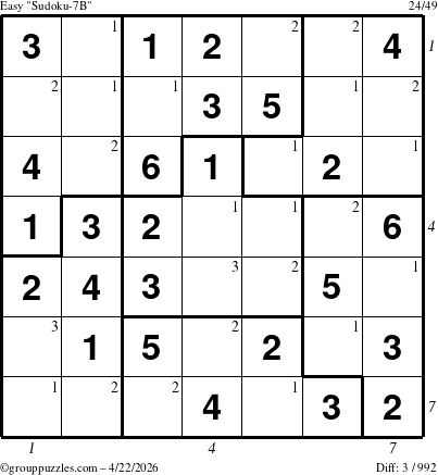 The grouppuzzles.com Easy Sudoku-7B puzzle for Wednesday April 22, 2026, suitable for printing, with all 3 steps marked