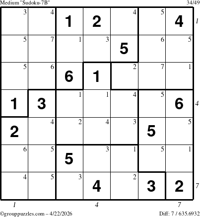 The grouppuzzles.com Medium Sudoku-7B puzzle for Wednesday April 22, 2026, suitable for printing, with all 7 steps marked