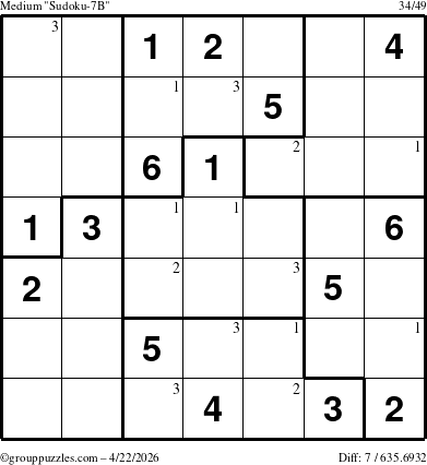 The grouppuzzles.com Medium Sudoku-7B puzzle for Wednesday April 22, 2026 with the first 3 steps marked