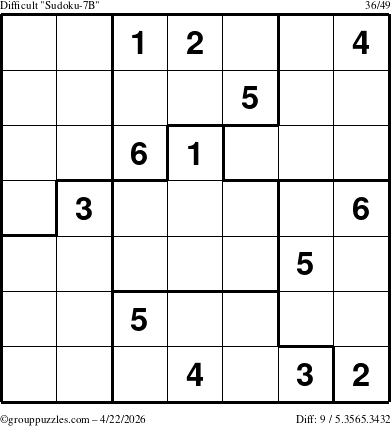 The grouppuzzles.com Difficult Sudoku-7B puzzle for Wednesday April 22, 2026