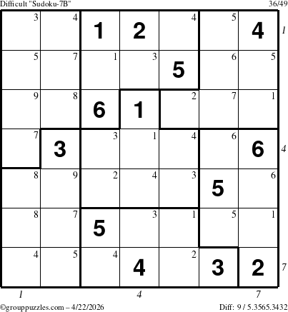 The grouppuzzles.com Difficult Sudoku-7B puzzle for Wednesday April 22, 2026 with all 9 steps marked