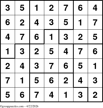 The grouppuzzles.com Answer grid for the Sudoku-7B puzzle for Wednesday April 22, 2026