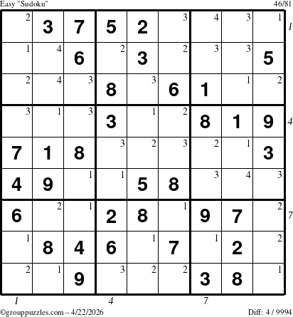The grouppuzzles.com Easy Sudoku puzzle for Wednesday April 22, 2026 with all 4 steps marked