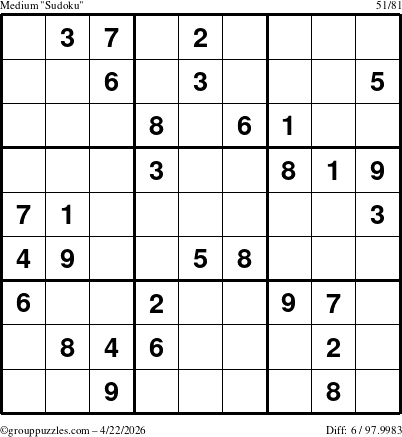 The grouppuzzles.com Medium Sudoku puzzle for Wednesday April 22, 2026