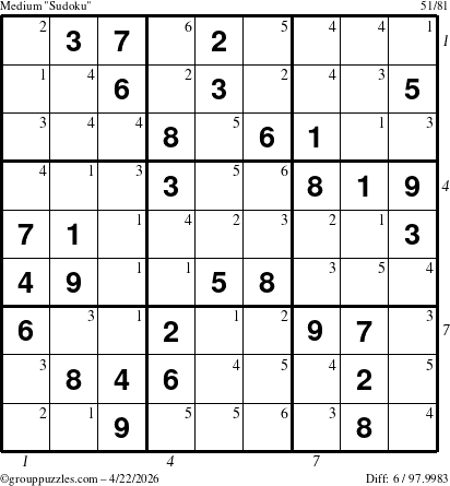 The grouppuzzles.com Medium Sudoku puzzle for Wednesday April 22, 2026, suitable for printing, with all 6 steps marked
