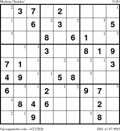 The grouppuzzles.com Medium Sudoku puzzle for Wednesday April 22, 2026 with the first 3 steps marked