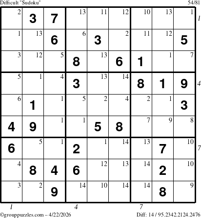 The grouppuzzles.com Difficult Sudoku puzzle for Wednesday April 22, 2026 with all 14 steps marked