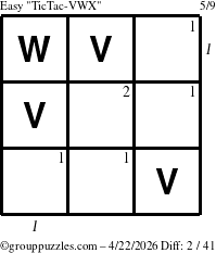 The grouppuzzles.com Easy TicTac-VWX puzzle for Wednesday April 22, 2026 with all 2 steps marked
