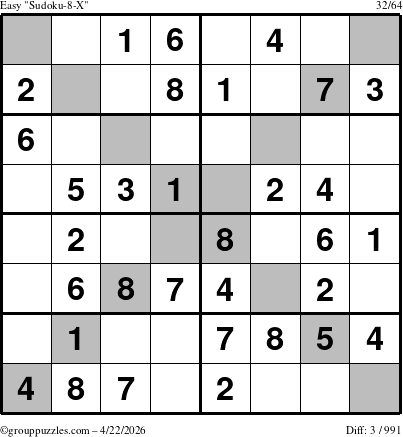 The grouppuzzles.com Easy Sudoku-8-X puzzle for Wednesday April 22, 2026