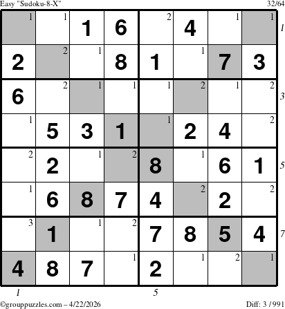 The grouppuzzles.com Easy Sudoku-8-X puzzle for Wednesday April 22, 2026 with all 3 steps marked