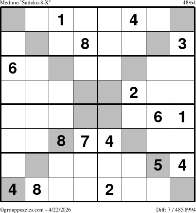 The grouppuzzles.com Medium Sudoku-8-X puzzle for Wednesday April 22, 2026