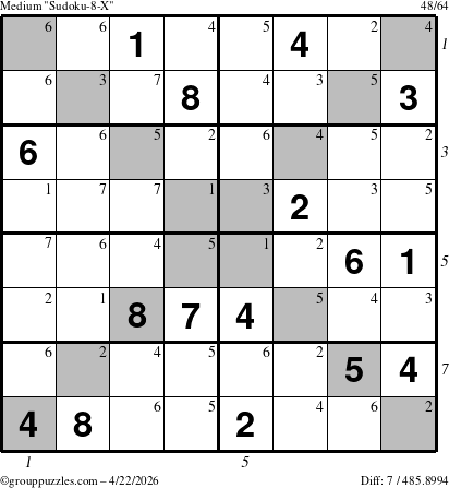 The grouppuzzles.com Medium Sudoku-8-X puzzle for Wednesday April 22, 2026, suitable for printing, with all 7 steps marked