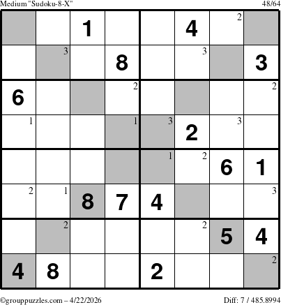 The grouppuzzles.com Medium Sudoku-8-X puzzle for Wednesday April 22, 2026 with the first 3 steps marked