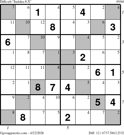 The grouppuzzles.com Difficult Sudoku-8-X puzzle for Wednesday April 22, 2026, suitable for printing, with all 12 steps marked