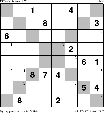 The grouppuzzles.com Difficult Sudoku-8-X puzzle for Wednesday April 22, 2026 with the first 3 steps marked