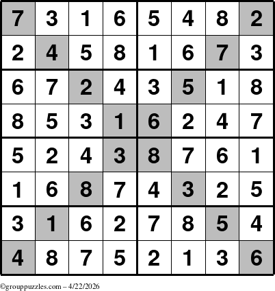The grouppuzzles.com Answer grid for the Sudoku-8-X puzzle for Wednesday April 22, 2026