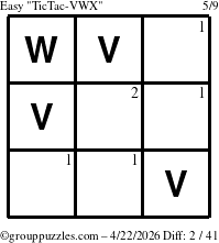 The grouppuzzles.com Easy TicTac-VWX puzzle for Wednesday April 22, 2026 with the first 2 steps marked