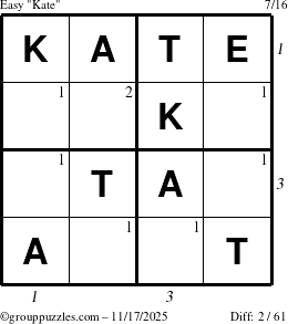 The grouppuzzles.com Easy Kate puzzle for Monday November 17, 2025, suitable for printing, with all 2 steps marked