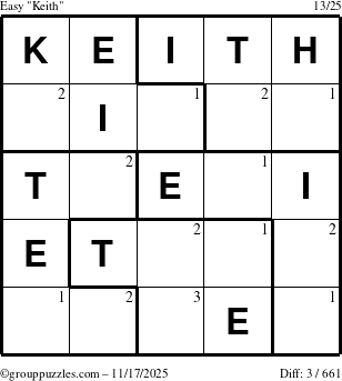 The grouppuzzles.com Easy Keith puzzle for Monday November 17, 2025 with the first 3 steps marked