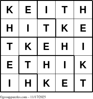 The grouppuzzles.com Answer grid for the Keith puzzle for Monday November 17, 2025