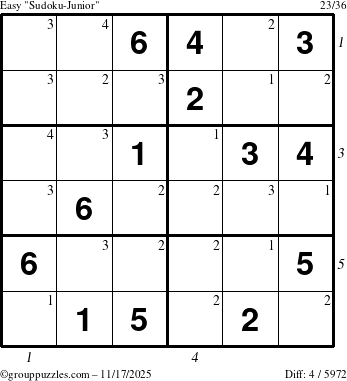 The grouppuzzles.com Easy Sudoku-Junior puzzle for Monday November 17, 2025 with all 4 steps marked