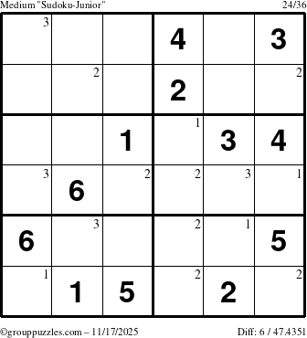 The grouppuzzles.com Medium Sudoku-Junior puzzle for Monday November 17, 2025 with the first 3 steps marked