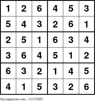 The grouppuzzles.com Answer grid for the Sudoku-Junior puzzle for Monday November 17, 2025