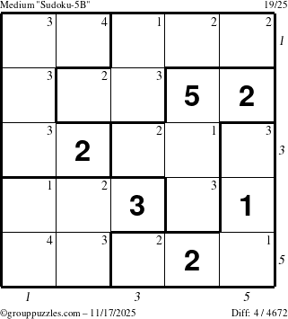 The grouppuzzles.com Medium Sudoku-5B puzzle for Monday November 17, 2025 with all 4 steps marked