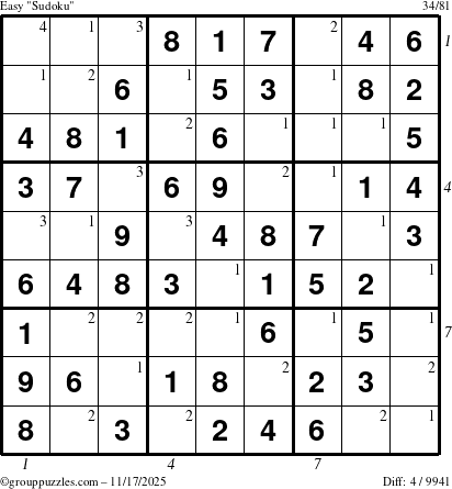 The grouppuzzles.com Easy Sudoku puzzle for Monday November 17, 2025 with all 4 steps marked