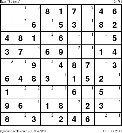 The grouppuzzles.com Easy Sudoku puzzle for Monday November 17, 2025 with the first 3 steps marked