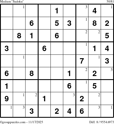 The grouppuzzles.com Medium Sudoku puzzle for Monday November 17, 2025 with the first 3 steps marked