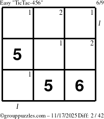 The grouppuzzles.com Easy TicTac-456 puzzle for Monday November 17, 2025 with all 2 steps marked