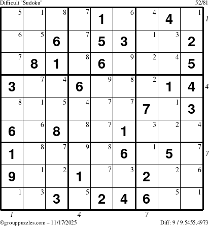 The grouppuzzles.com Difficult Sudoku puzzle for Monday November 17, 2025, suitable for printing, with all 9 steps marked