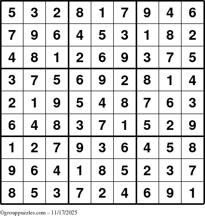 The grouppuzzles.com Answer grid for the Sudoku puzzle for Monday November 17, 2025