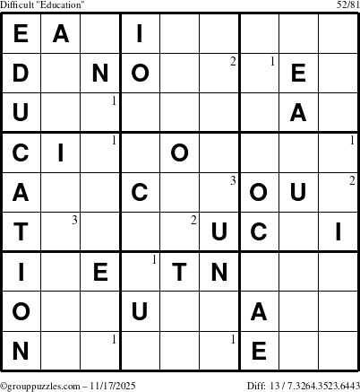 The grouppuzzles.com Difficult Education-c1 puzzle for Monday November 17, 2025 with the first 3 steps marked