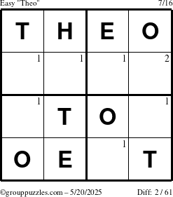 The grouppuzzles.com Easy Theo puzzle for Tuesday May 20, 2025 with the first 2 steps marked