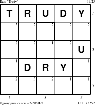 The grouppuzzles.com Easy Trudy puzzle for Tuesday May 20, 2025, suitable for printing, with all 3 steps marked