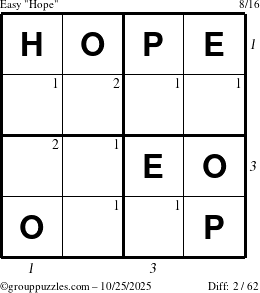 The grouppuzzles.com Easy Hope puzzle for Saturday October 25, 2025, suitable for printing, with all 2 steps marked