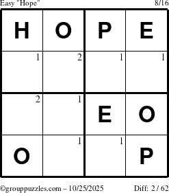 The grouppuzzles.com Easy Hope puzzle for Saturday October 25, 2025 with the first 2 steps marked