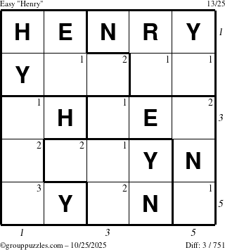 The grouppuzzles.com Easy Henry puzzle for Saturday October 25, 2025 with all 3 steps marked