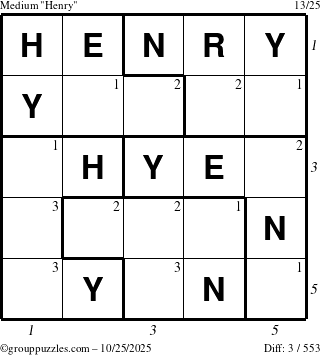 The grouppuzzles.com Medium Henry puzzle for Saturday October 25, 2025, suitable for printing, with all 3 steps marked