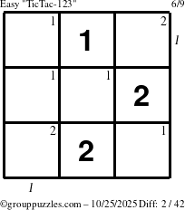The grouppuzzles.com Easy TicTac-123 puzzle for Saturday October 25, 2025, suitable for printing, with all 2 steps marked