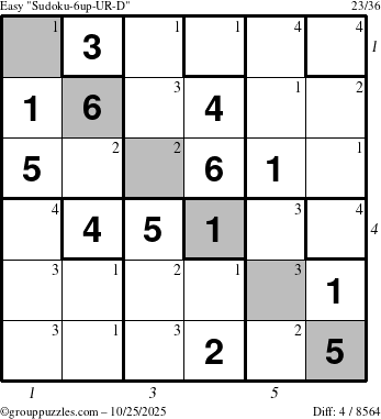 The grouppuzzles.com Easy Sudoku-6up-UR-D puzzle for Saturday October 25, 2025 with all 4 steps marked