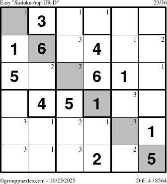 The grouppuzzles.com Easy Sudoku-6up-UR-D puzzle for Saturday October 25, 2025 with the first 3 steps marked