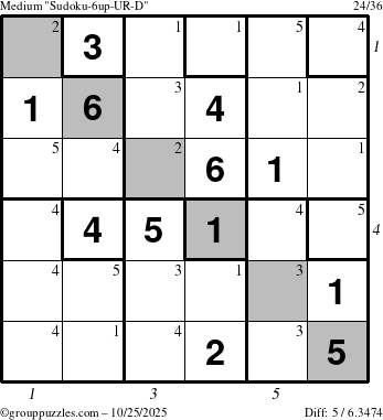 The grouppuzzles.com Medium Sudoku-6up-UR-D puzzle for Saturday October 25, 2025 with all 5 steps marked
