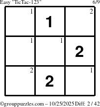 The grouppuzzles.com Easy TicTac-123 puzzle for Saturday October 25, 2025 with the first 2 steps marked