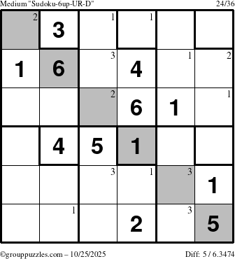 The grouppuzzles.com Medium Sudoku-6up-UR-D puzzle for Saturday October 25, 2025 with the first 3 steps marked