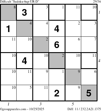 The grouppuzzles.com Difficult Sudoku-6up-UR-D puzzle for Saturday October 25, 2025, suitable for printing, with all 11 steps marked